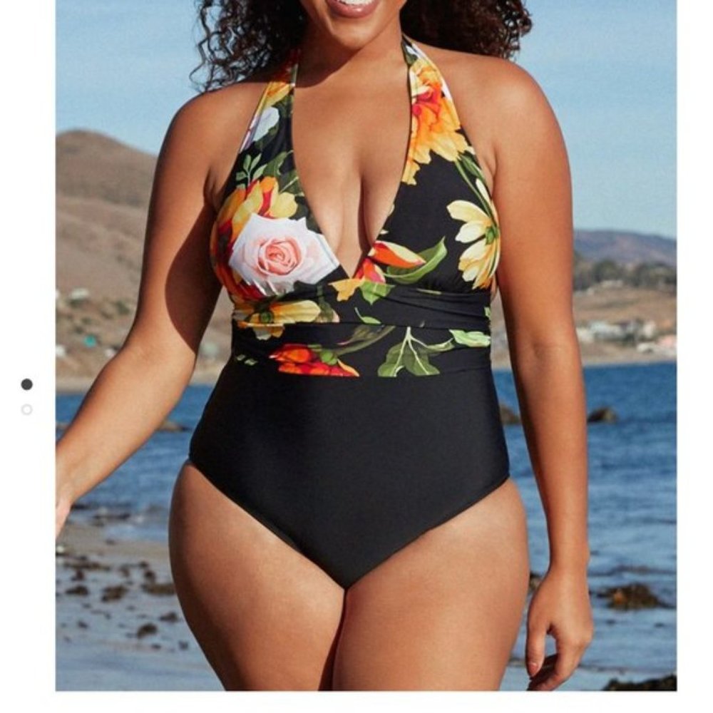Floral And Black Plunge Halter Plus Size One Piece